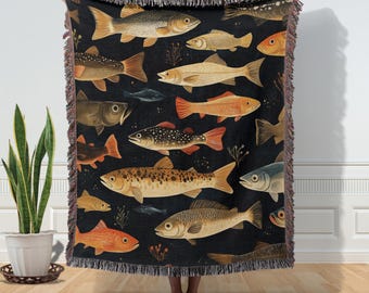 Vintage Fishing Blanket Man Gift Woven Blanket Northern Fresh Water Fish Father Birthday Gift Cabin Decor Fish blanket Grandpa Fishing Gift