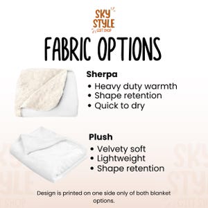 May include: Two white blankets, one sherpa and one plush, are shown folded. The sherpa blanket is a cream color and the plush blanket is white. The text "FABRIC OPTIONS" is at the top of the image. The text "Sherpa" is above a list of bullet points: "Heavy duty warmth", "Shape retention", and "Quick to dry". The text "Plush" is above a list of bullet points: "Velvety soft", "Lightweight", and "Shape retention". The text "Design is printed on one side only of both blanket options." is at the bottom of the image.