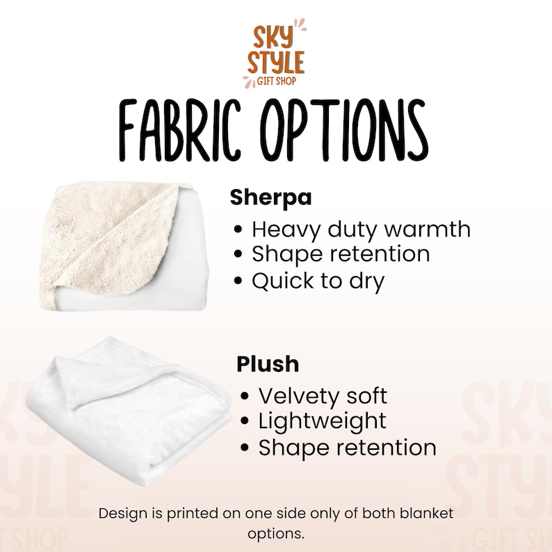 May include: Two white blankets, one sherpa and one plush, are shown folded. The sherpa blanket is a cream color and the plush blanket is white. The text "FABRIC OPTIONS" is at the top of the image. The text "Sherpa" is above a list of bullet points: "Heavy duty warmth", "Shape retention", and "Quick to dry". The text "Plush" is above a list of bullet points: "Velvety soft", "Lightweight", and "Shape retention". The text "Design is printed on one side only of both blanket options." is at the bottom of the image.