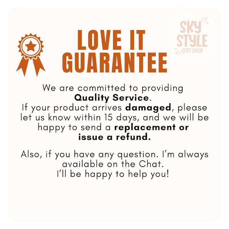 K&ouml;nnte beinhalten: Wei&szlig;er Hintergrund mit dem Text &bdquo;LOVE IT GUARANTEE&ldquo;. Der Text verspricht Qualit&auml;tsservice und gibt an, dass besch&auml;digte Produkte innerhalb von 15 Tagen ersetzt oder erstattet werden. Ein Logo mit Stern und Schleife befindet sich in der oberen linken Ecke.