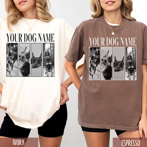 May include: Two women wearing oversized t-shirts with a black and white photo collage of dogs. The text "YOUR DOG NAME" is printed on the shirts. The shirts are available in ivory and espresso colors.