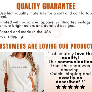 K&ouml;nnte beinhalten: Cremefarbenes T-Shirt mit dem Text "mom of an angel" in schwarzer Schrift. Das Bild enth&auml;lt auch Text &uuml;ber Qualit&auml;t und Kundenzufriedenheit, mit einem Kunden-Zitat, das die Qualit&auml;t und den Versand lobt.