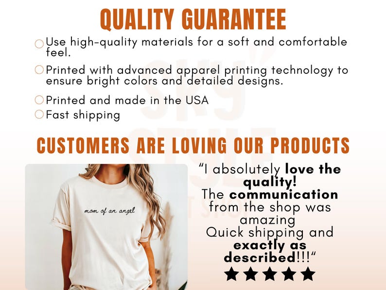 K&ouml;nnte beinhalten: Cremefarbenes T-Shirt mit dem Text "mom of an angel" in schwarzer Schrift. Das Bild enth&auml;lt auch Text &uuml;ber Qualit&auml;t und Kundenzufriedenheit, mit einem Kunden-Zitat, das die Qualit&auml;t und den Versand lobt.