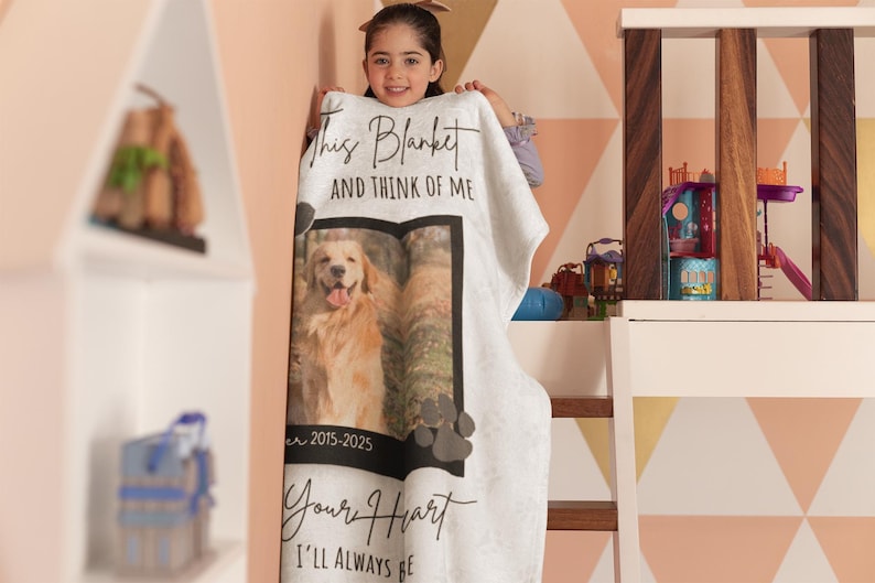 May include: White blanket featuring a photo of a golden retriever dog with the text "This Blanket and Think of Me" and "Your Heart I'll Always Be". The blanket includes the years 2015-2025 and paw prints.
