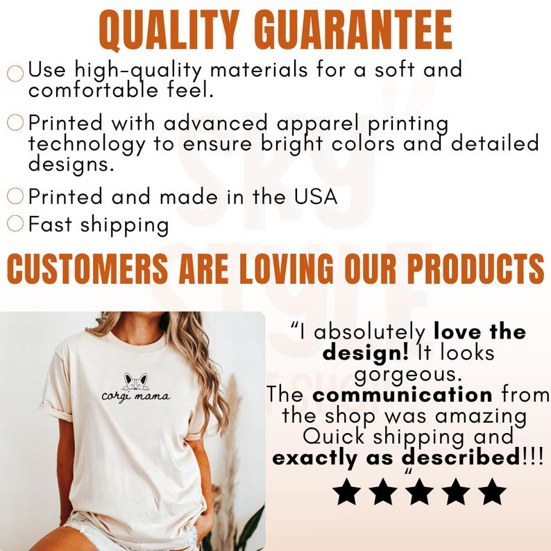 May include: A beige t-shirt with a black outline of a corgi dog and the text "corgi mama". The t-shirt is being worn by a person. The image also includes text that reads "I absolutely love the design! It looks gorgeous. The communication from the shop was amazing. Quick shipping and exactly as described!!!" with five stars below the text.