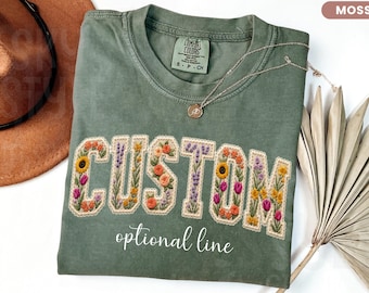 Comfort Colors® Floral Custom Text Shirt, Personalized Faux Patchwork Name Tee, Personalized Mama Shirt, Birthday Gift For Her,Kids Name Tee