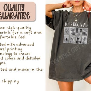 May include: A charcoal grey short-sleeve t-shirt featuring a grid of eight black and white dog photographs and the text "YOUR DOG NAME" printed in white. The shirt has a relaxed fit and a crew neckline, showcasing a custom photo collage design.