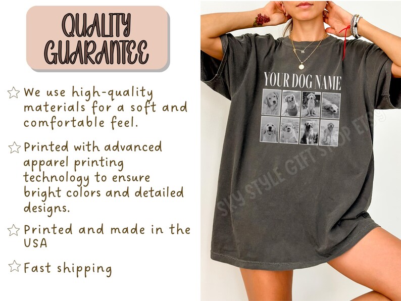 May include: A charcoal grey short-sleeve t-shirt featuring a grid of eight black and white dog photographs and the text "YOUR DOG NAME" printed in white. The shirt has a relaxed fit and a crew neckline, showcasing a custom photo collage design.