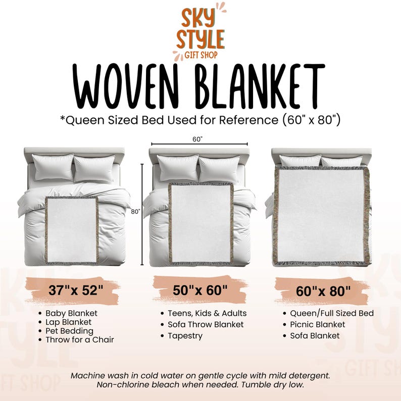 May include: Three woven blankets of different sizes are shown on a white background. The blankets are displayed on a queen-sized bed for reference. The sizes are 37" x 52", 50" x 60", and 60" x 80". The text "SKY STYLE GIFT SHOP" and "WOVEN BLANKET" is displayed at the top of the image.