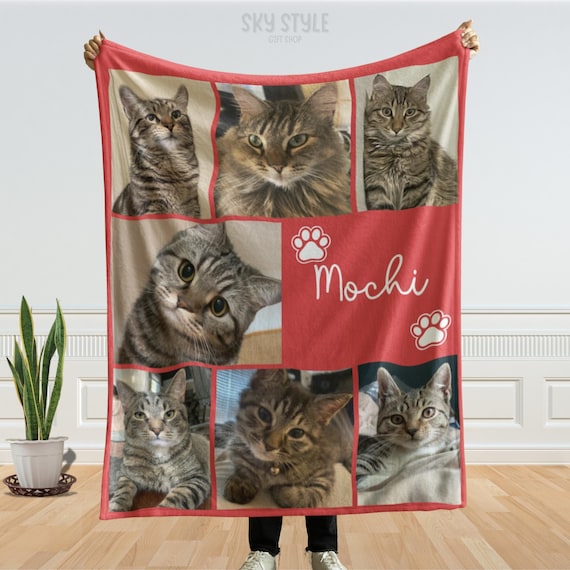 Personalized Cat Photo Blanket, Pet Memorial Gift, Paw Print Blanket, Custom Pet Blanket Pet Photo + Cat Name, Cat Loss Sympathy Keepsake