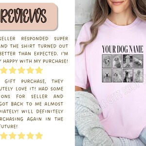 May include: A light pink t-shirt featuring a grid of eight black and white dog photographs and the text "YOUR DOG NAME" printed in black. The shirt has a crew neckline and short sleeves, showcasing a custom design with multiple canine portraits.