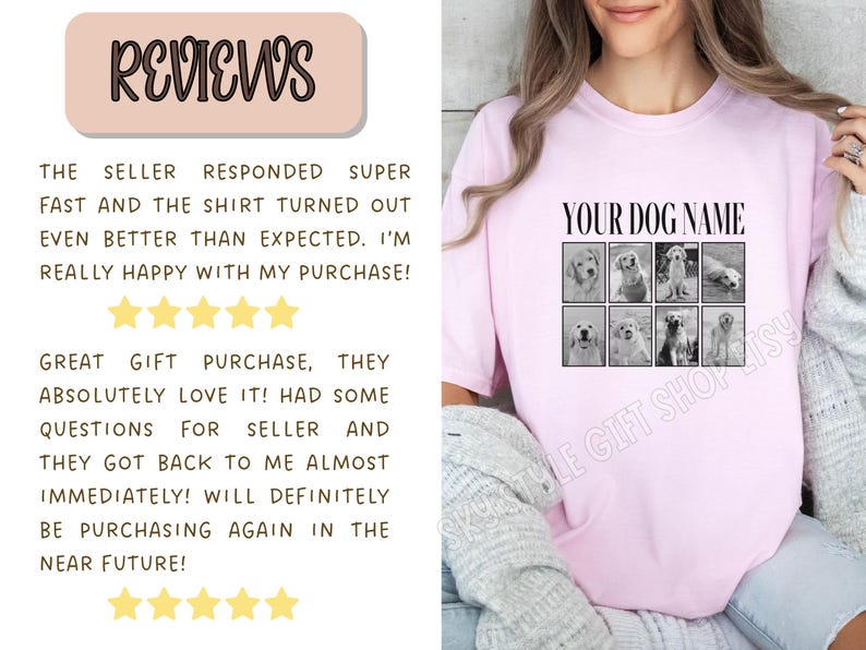 May include: A light pink t-shirt featuring a grid of eight black and white dog photographs and the text "YOUR DOG NAME" printed in black. The shirt has a crew neckline and short sleeves, showcasing a custom design with multiple canine portraits.