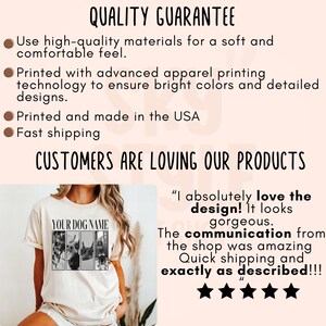 May include: A beige t-shirt with a black and white graphic of three dogs. The text "YOUR DOG NAME" is above the graphic. The t-shirt is being worn by a person. The text "I absolutely love the design! It looks gorgeous. The communication from the shop was amazing. Quick shipping and exactly as described!!!" is written in black text on a white background. Five gold stars are below the text.