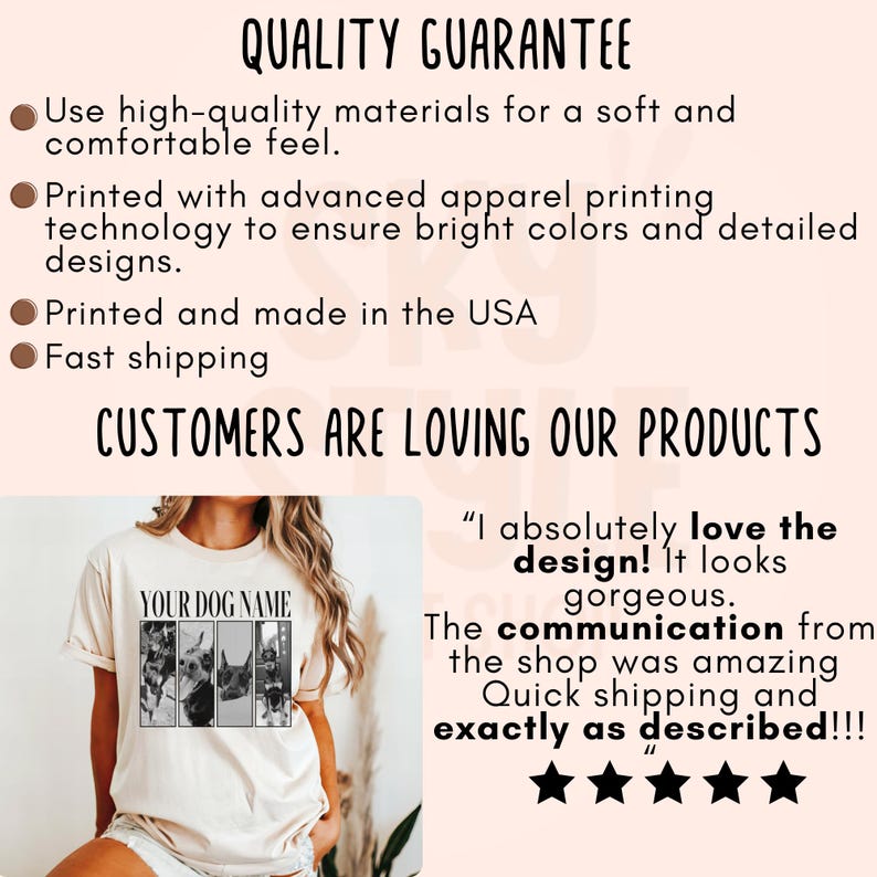 May include: A beige t-shirt with a black and white graphic of three dogs. The text "YOUR DOG NAME" is above the graphic. The t-shirt is being worn by a person. The text "I absolutely love the design! It looks gorgeous. The communication from the shop was amazing. Quick shipping and exactly as described!!!" is written in black text on a white background. Five gold stars are below the text.