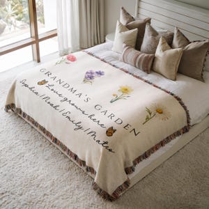 Personalized Grandma&#39;s Garden Blanket, Nana Floral Blanket, Birth Flower Gift From Grandkids, Custom Grandkids Name Throw Woven Floral