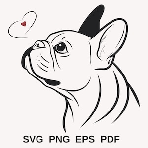 May include: A black and white line drawing of a French Bulldog looking upwards, with a heart and a red accent. The image includes the text "SVG PNG EPS PDF" at the bottom.