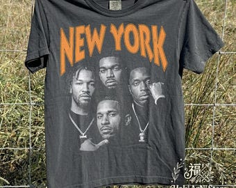 Camiseta Vintage Comfort Colors de Basquete Brunson Anunoby Hart Towns Robinson, Camiseta Vintage Estilo Death Row de Nova York, Camiseta Bootleg Rap dos Anos 90