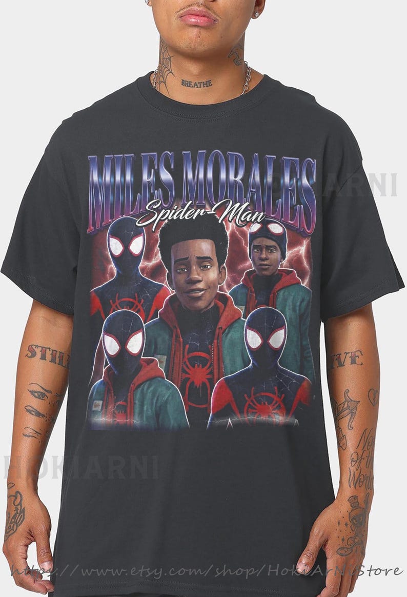 Miles Morales Shirt, Spider-Man Across The Spider-Verse T-Shirt, Vintage 90s Bootleg Rap Tee, Retro Spiderman Merch, Streetwear Graphic Tee image 1