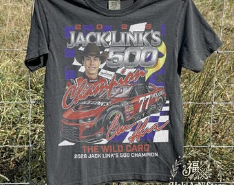 Camiseta vintage Carson Hocevar Bootleg, camiseta Comfort Colors Racing, estampa Jack Link's 500 Champion, vestuário retrô de automobilismo dos anos 90.