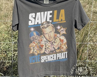 Camiseta Spencer Pratt, Camiseta Vintage "Save LA Vote Spencer Pratt", Camiseta Estampada dos Anos 90, Produtos do Spencer Pratt, Camiseta Unissex Retrô Estilo Bootleg