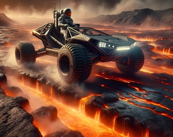 Astronaut driving a car on a planet with lava