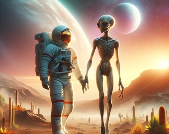 Astronaut and Alien walking together on another planet