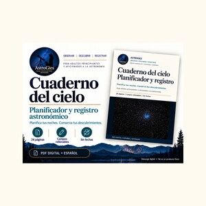 Può includere: Un pianificatore e registro astronomico digitale intitolato Cuaderno del cielo, con un logo circolare raffigurante una silhouette di telescopio, testo in spagnolo, 26 pagine, campi compilabili e un'immagine di stelle.