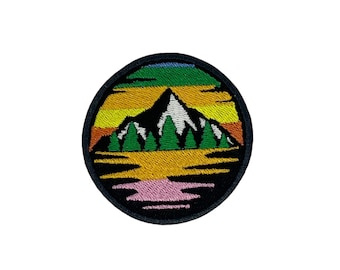 Retro Mountain Sunset Iron On Patch: Embroidered Applique