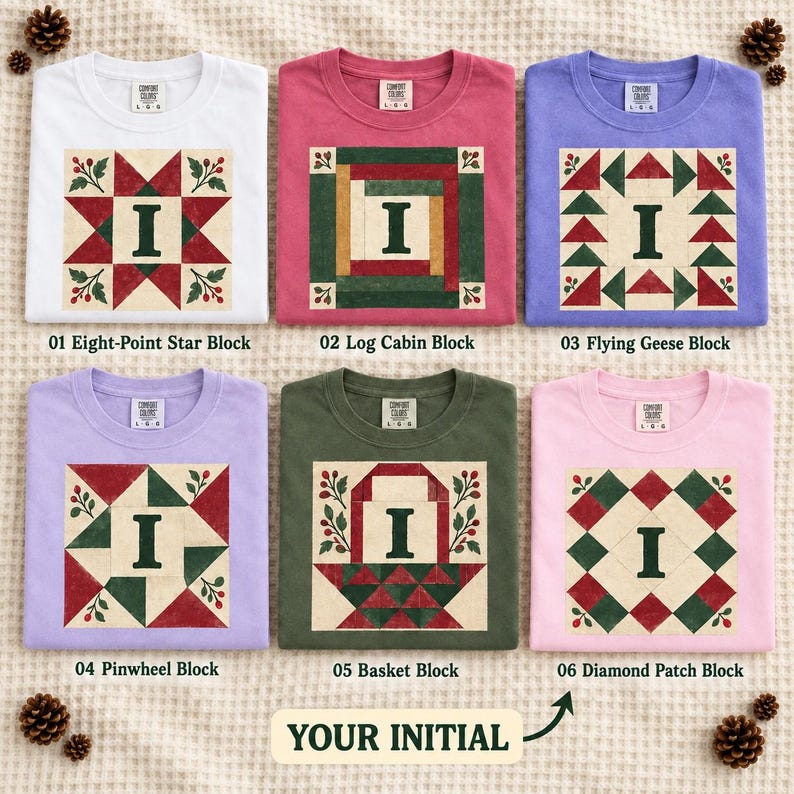 Six labeled quilt block initial design options shown on folded shirts.