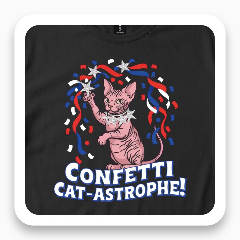 Confetti Cat-astrophe Shirt, Funny Sphynx Cat Tee, Cute Holiday Gift, Festive Party T-Shirt