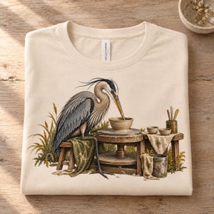 Heron Pottery Fitted Micro Rib Long Sleeve Tee, Surreal Bird Art Shirt, Potter Gift