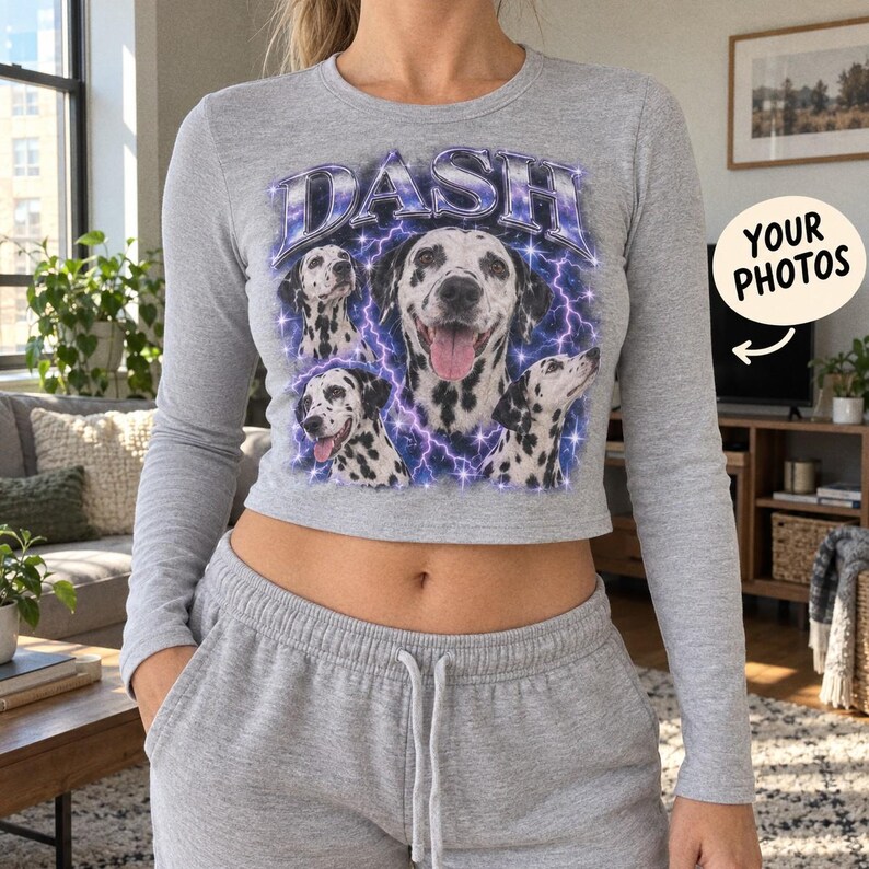 Gray Dash dog portrait crop top with matching sweatpants.