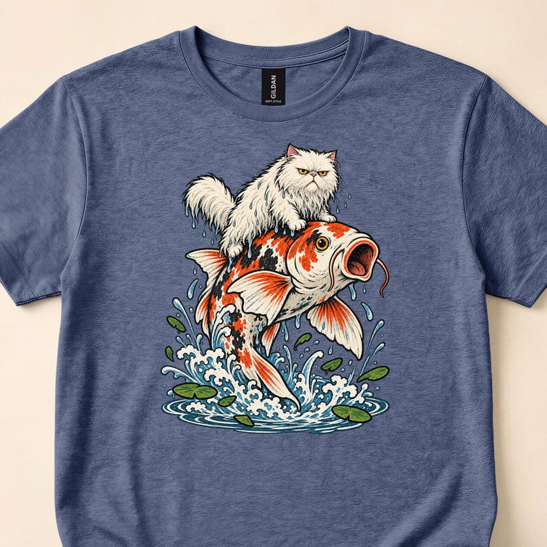 Close view of a navy T-shirt with a fluffy white cat riding an orange-and-white koi.