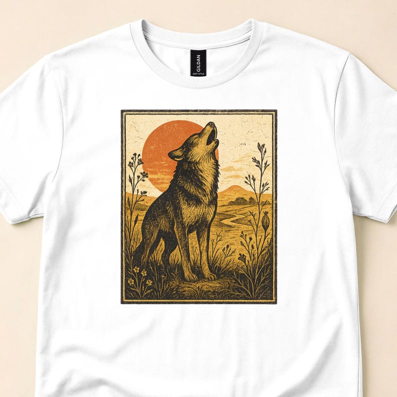 Close view of a white tee with a howling wolf in tall grasses before an orange sun.