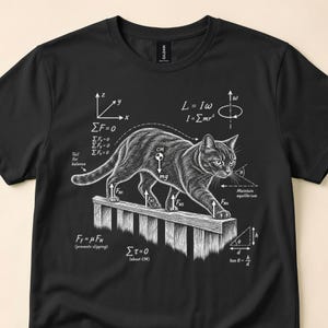May include: A black t-shirt featuring a white graphic illustration of a cat walking on a fence. The design includes physics equations, vector diagrams, and labels such as Tail for balance, Maintain equilibrium, and Ff=μFN (prevents slipping).