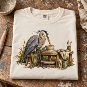 Heron Pottery Long Sleeve Shirt, Funny Bird Pottery Studio Tee, Garment-Dyed Unisex Gift