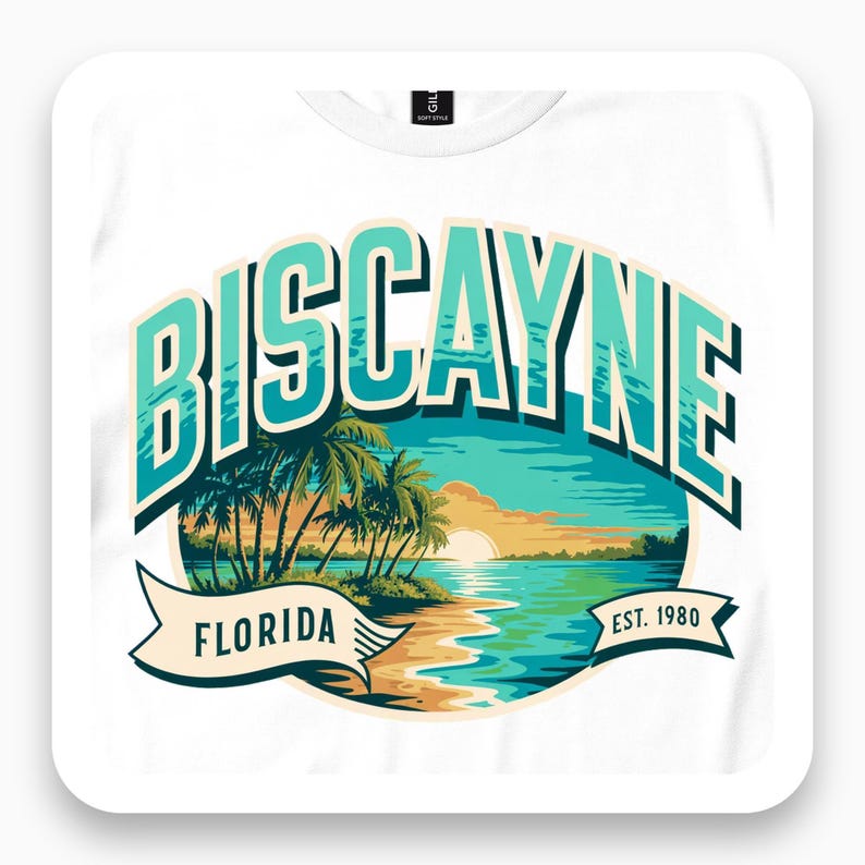Biscayne Florida Shirt, Vintage Coastal Tee, EST 1980 Travel Gift, Tropical Sunset T-Shirt