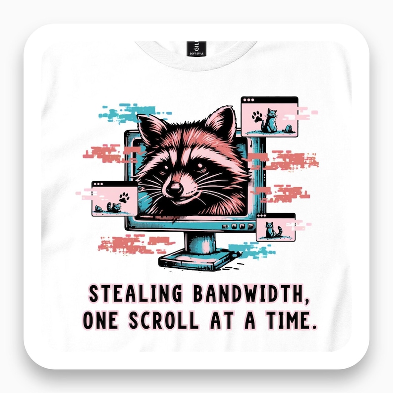 Stealing Bandwidth Shirt, Funny Internet Tee, Retro Glitch Gift, Mischievous Raccoon T-Shirt