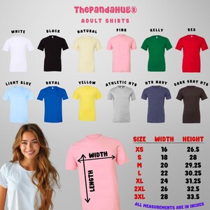 Adult shirt colors and size chart