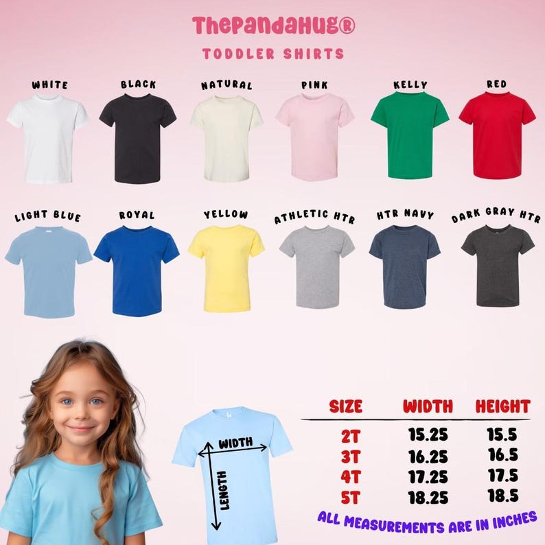 Toddler shirt colors and size chart