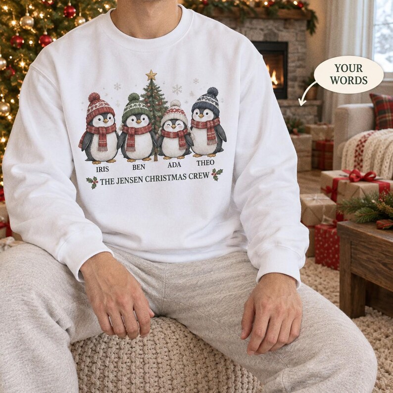Person in a white named penguin sweatshirt seated by Christmas gifts.