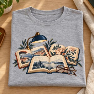 Reading Club Long Sleeve Tee, Illustrated Books and Lamp, Fitted Micro Rib Shirt