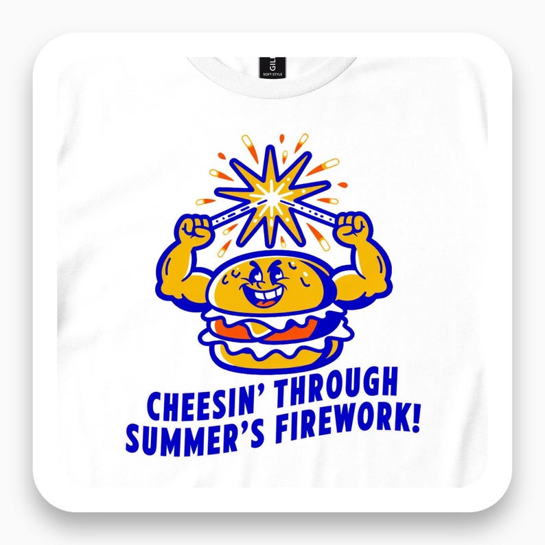 Cheeseburger Flexing Shirt, Summer Fireworks Tee, Funny Fourth of July Gift, Neon Comic T-Shirt