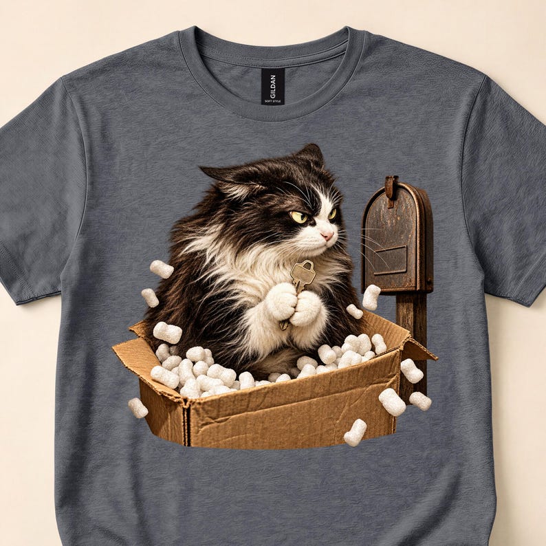 Charcoal shirt close-up with a fluffy cat in a cardboard box of packing peanuts beside a mailbox.