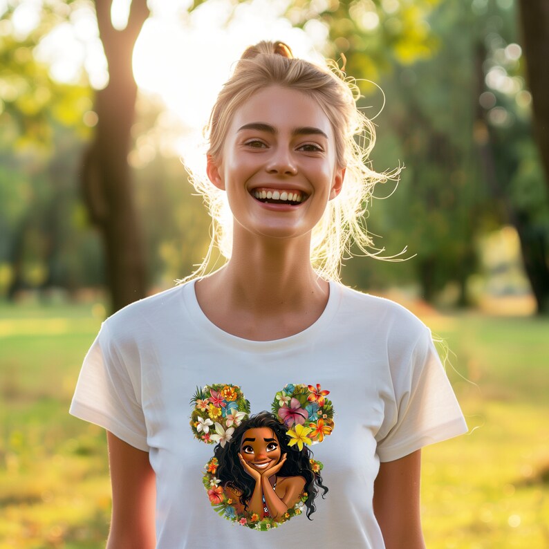 a woman wearing a white shirt with a picture of a woman's face on