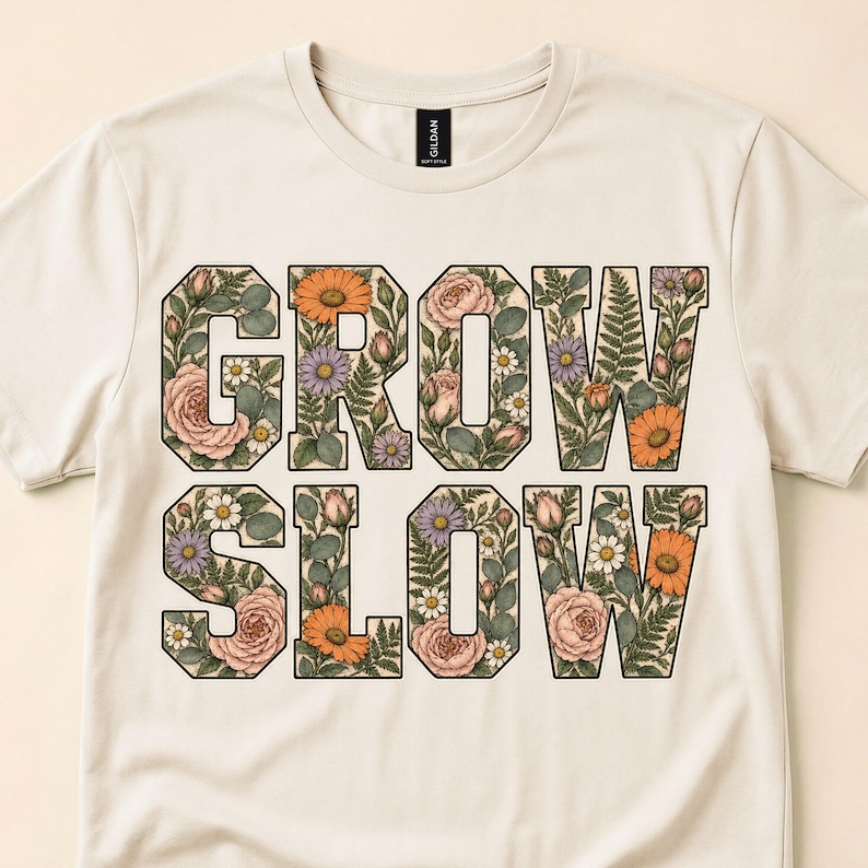 Cream tee detail with Grow Slow block letters filled with flowers and leaves.