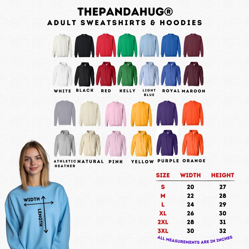 The image is a collage of various adult sweatshirts and hoodies in different colors and sizes, along with a woman posing in front of the collection.