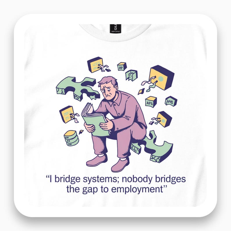 Framed white tee close-up with a seated figure, puzzle pieces and a systems-and-employment joke.