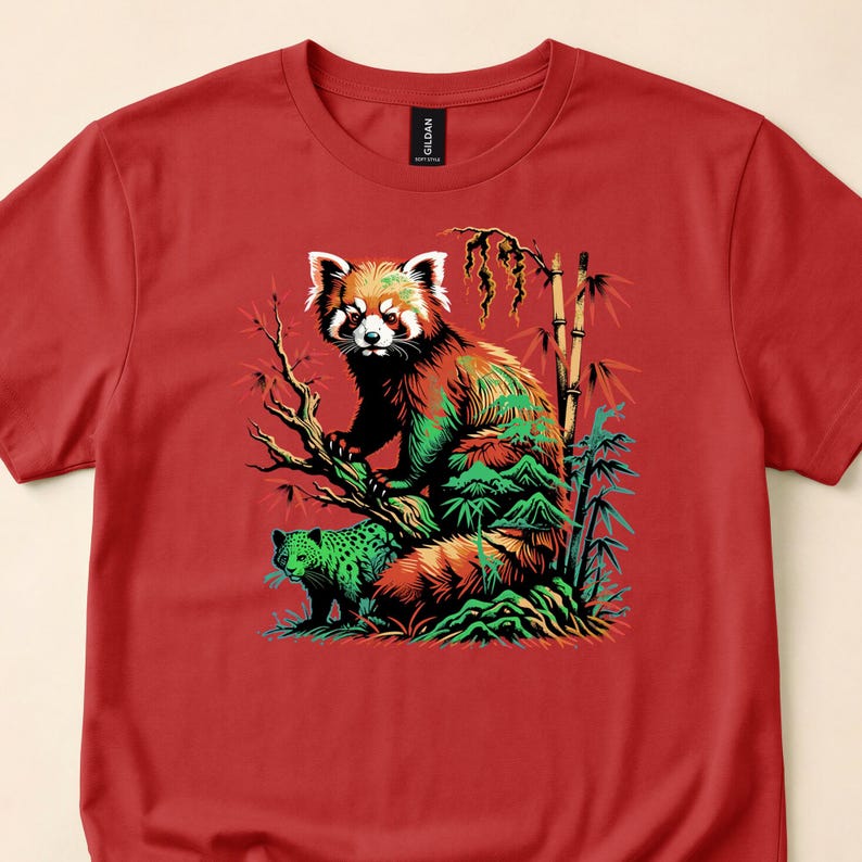 Red tee detail with a red panda among bamboo and leafy branches.