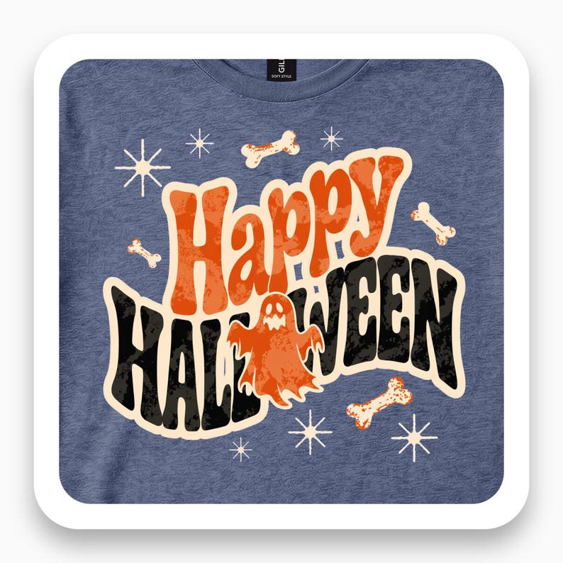 Framed close-up of a heather navy T-shirt with “Happy Halloween,” an orange ghost, bones and starbursts.